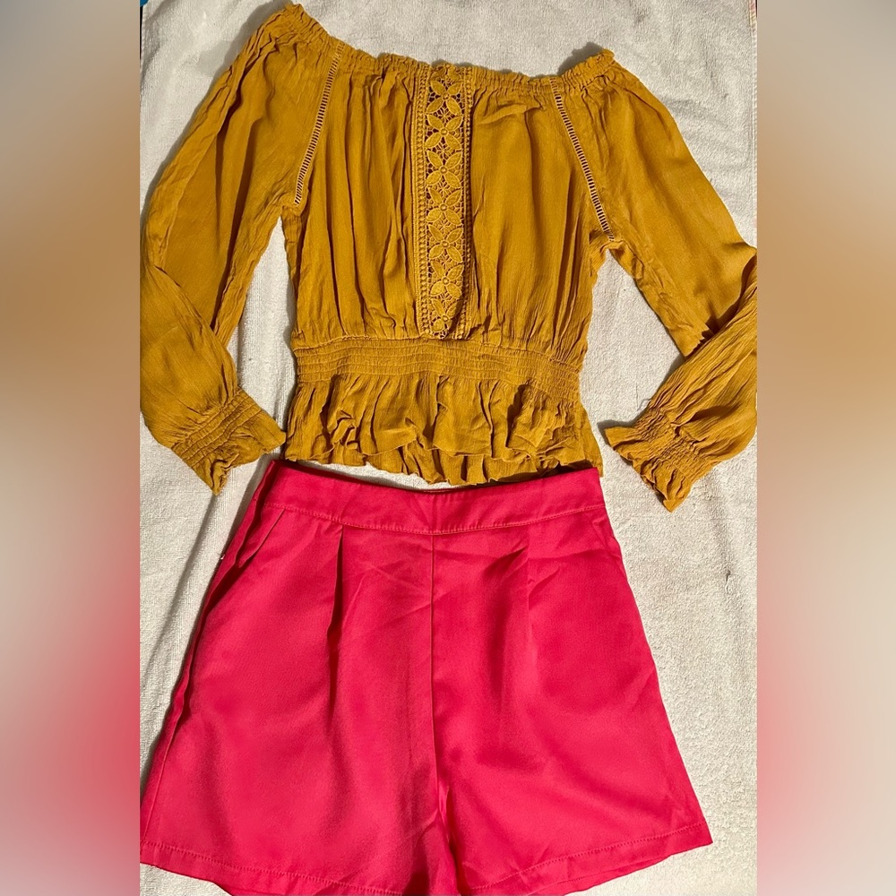Outfit bundle- hot pink short size M plus cute mustard yellow blouse